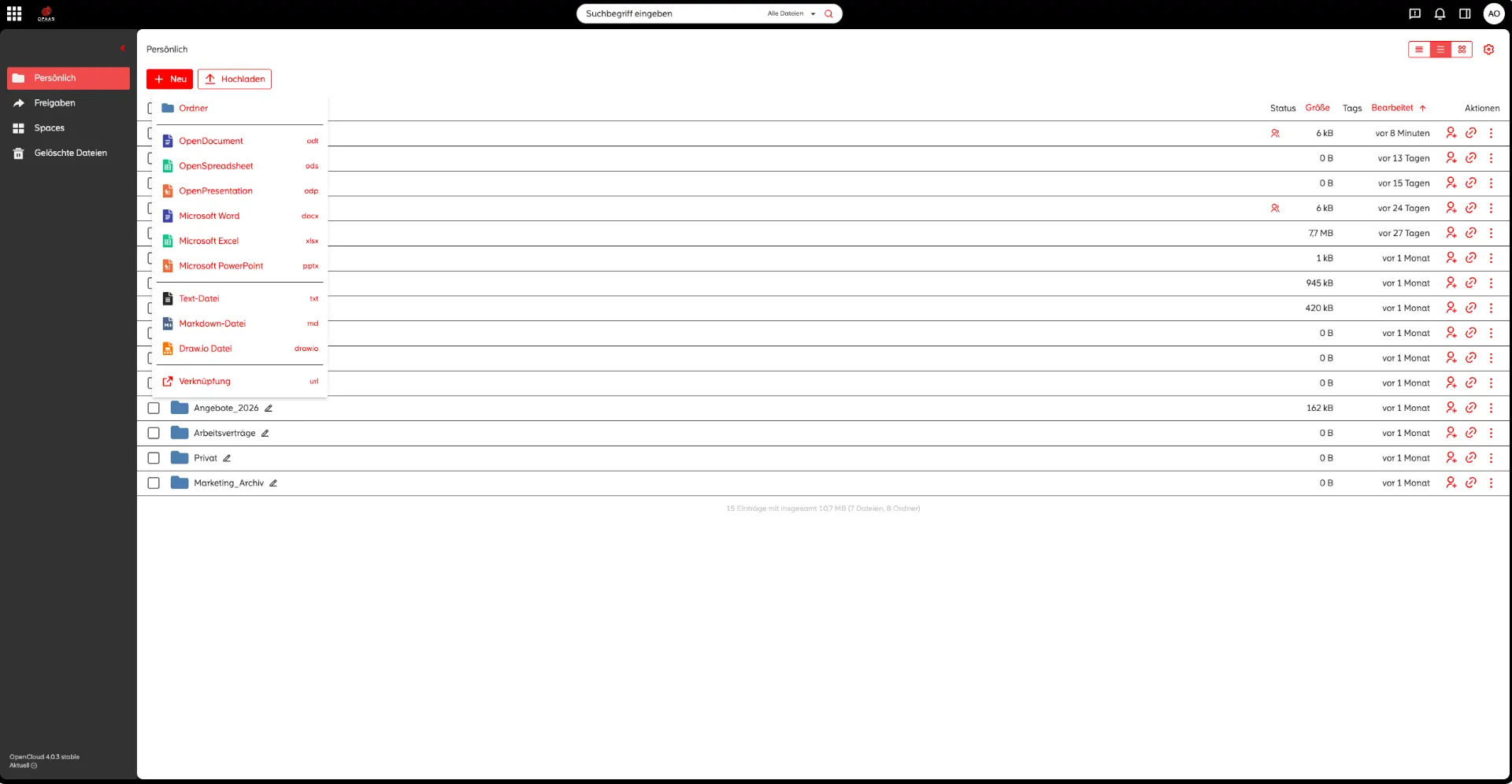 Screenshot: Document creation in browser