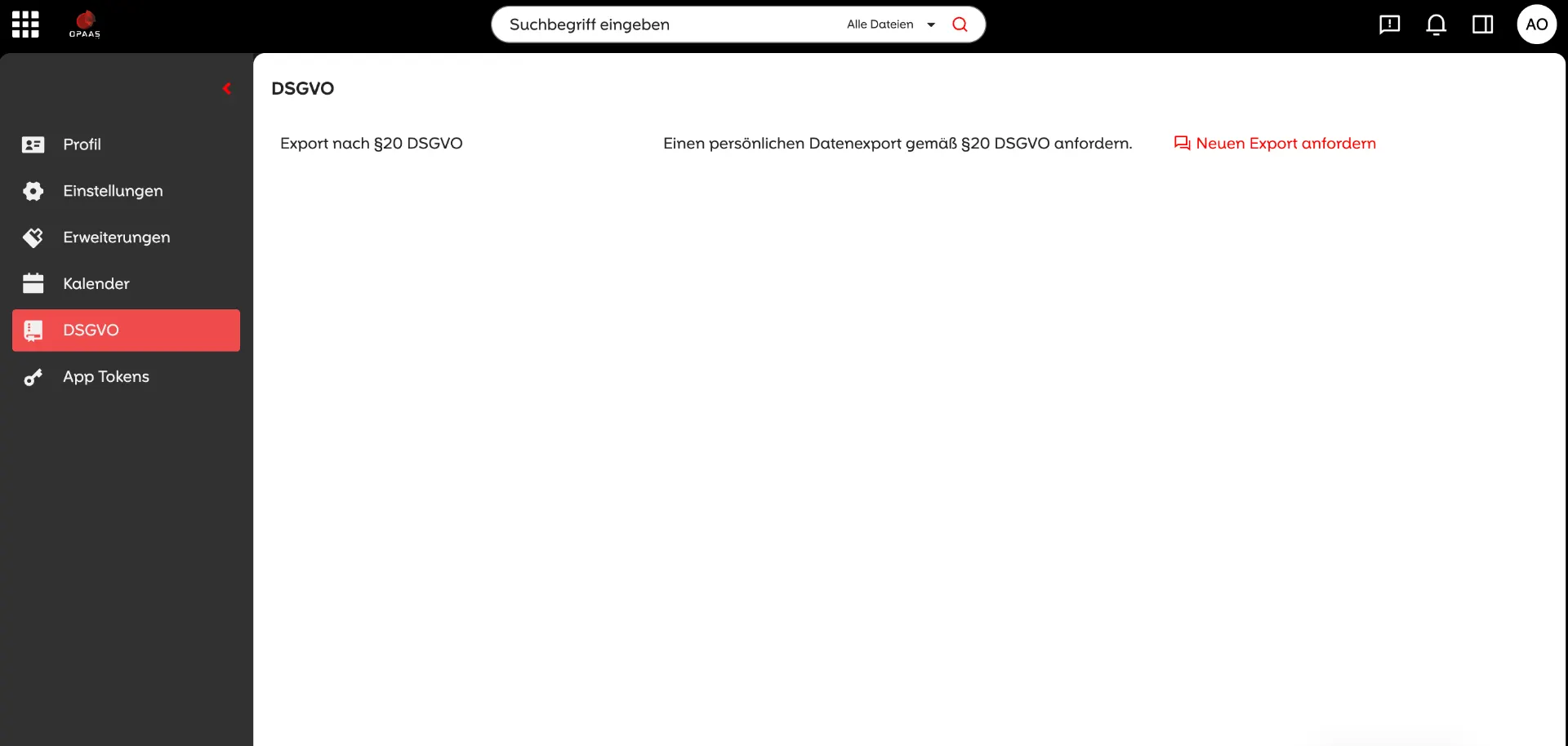 Screenshot: GDPR-compliant export function